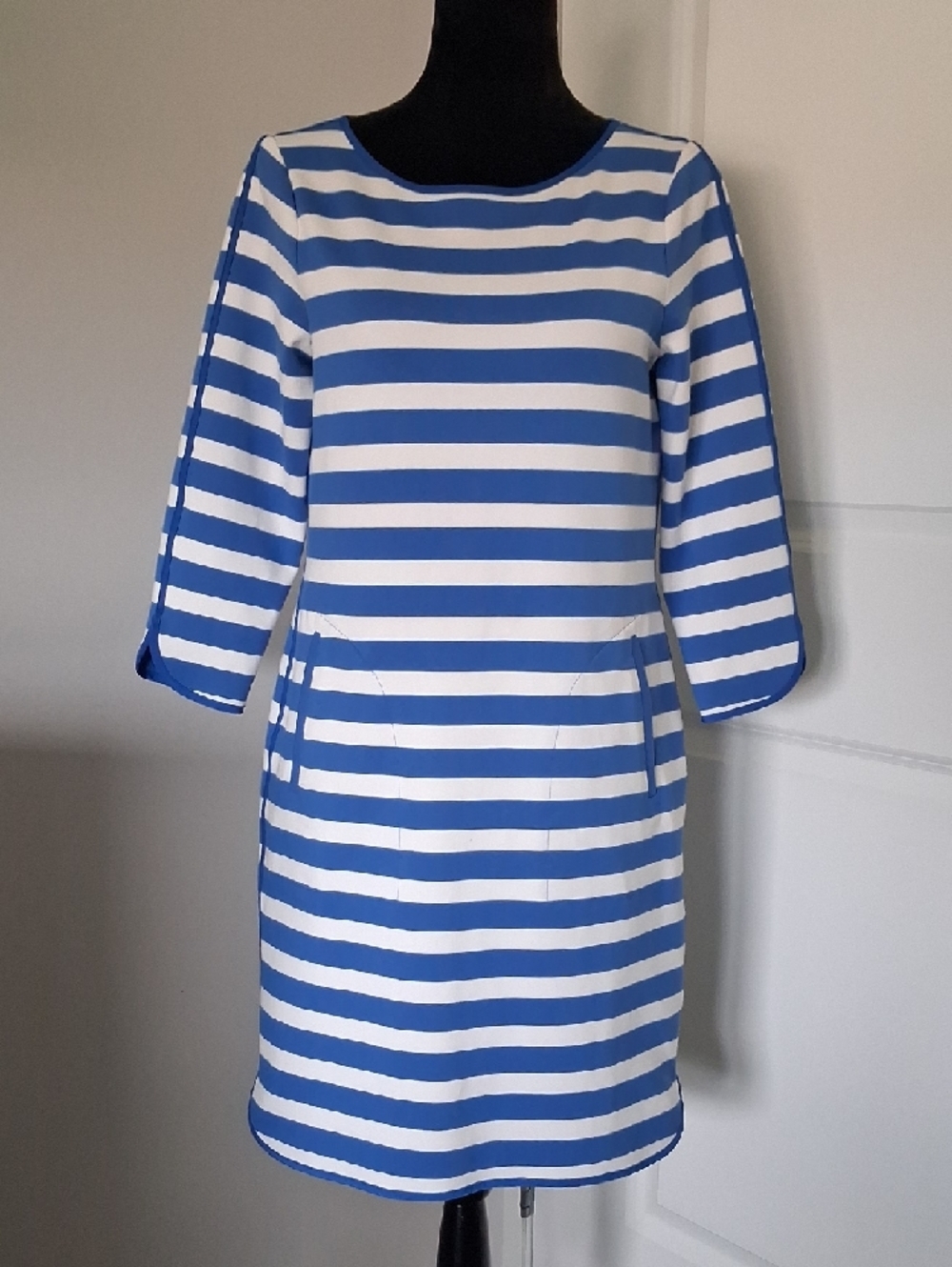 Lands End Royal Blue & White Nautical Stripe Ponte Sheath Dress with Pockets